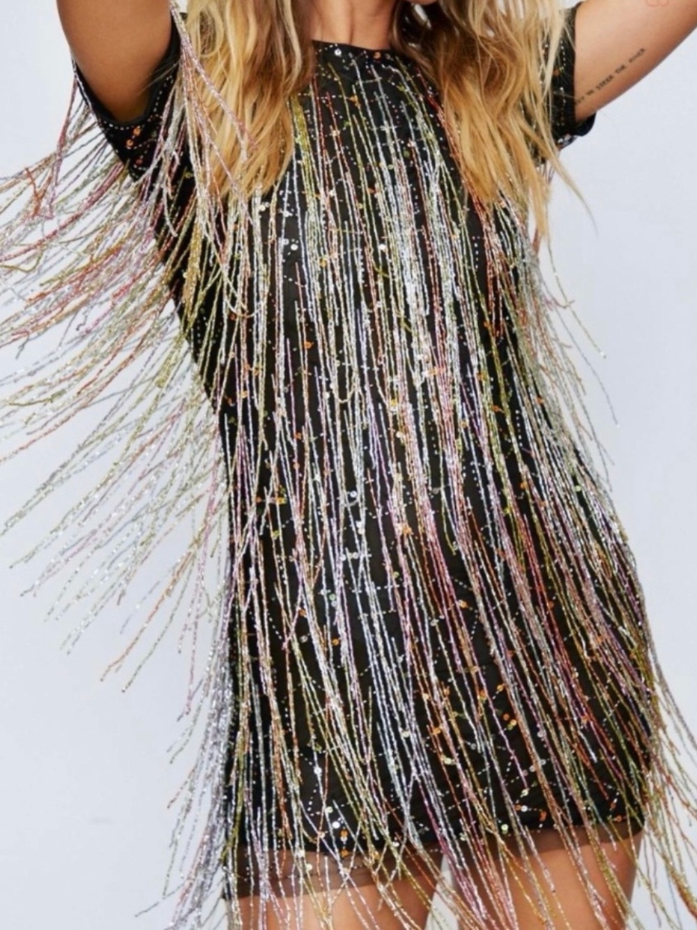 Black Mini Dress with Metallic Rainbow Fringe